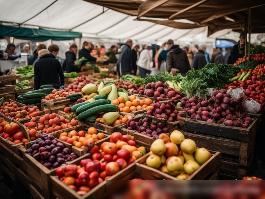 Широкоугольное фото оживленного фермерского рынка в России, передающее яркие цвета и текстуры свежих продуктов - Пример 4