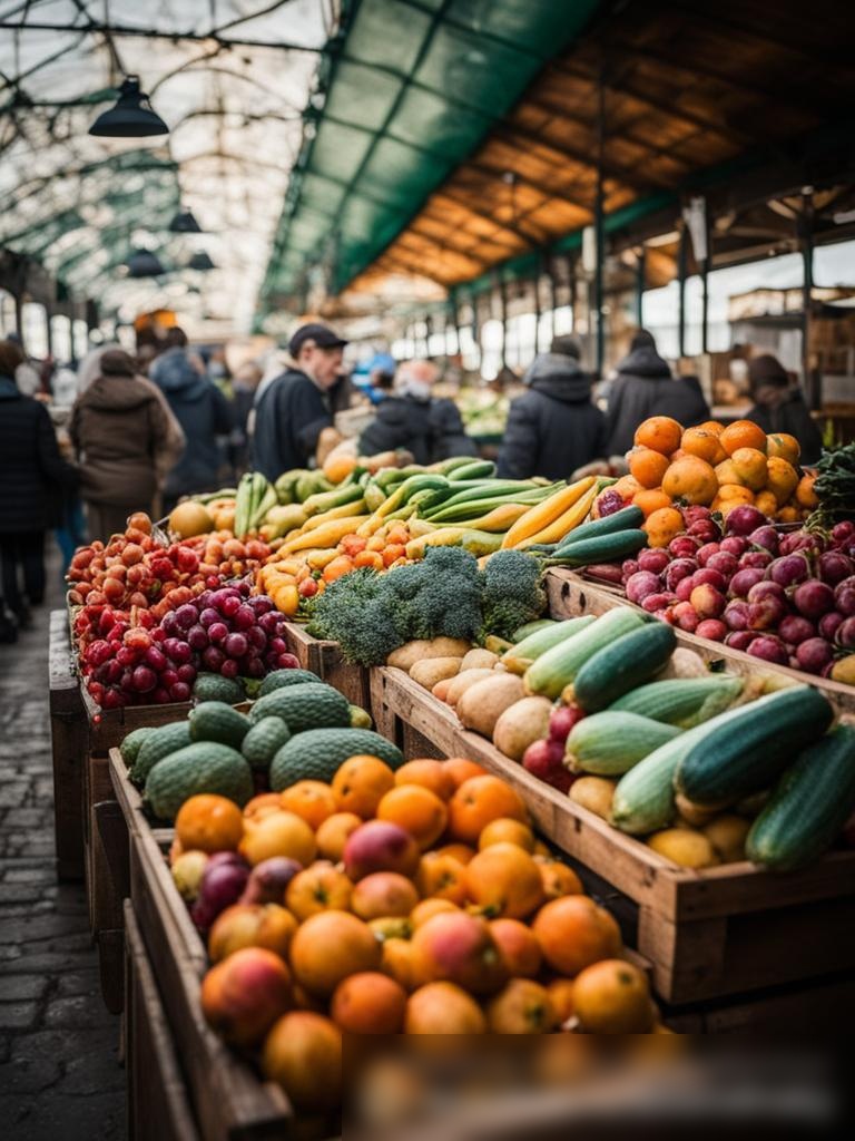 Широкоугольное фото оживленного фермерского рынка в России, передающее яркие цвета и текстуры свежих продуктов - Пример 5