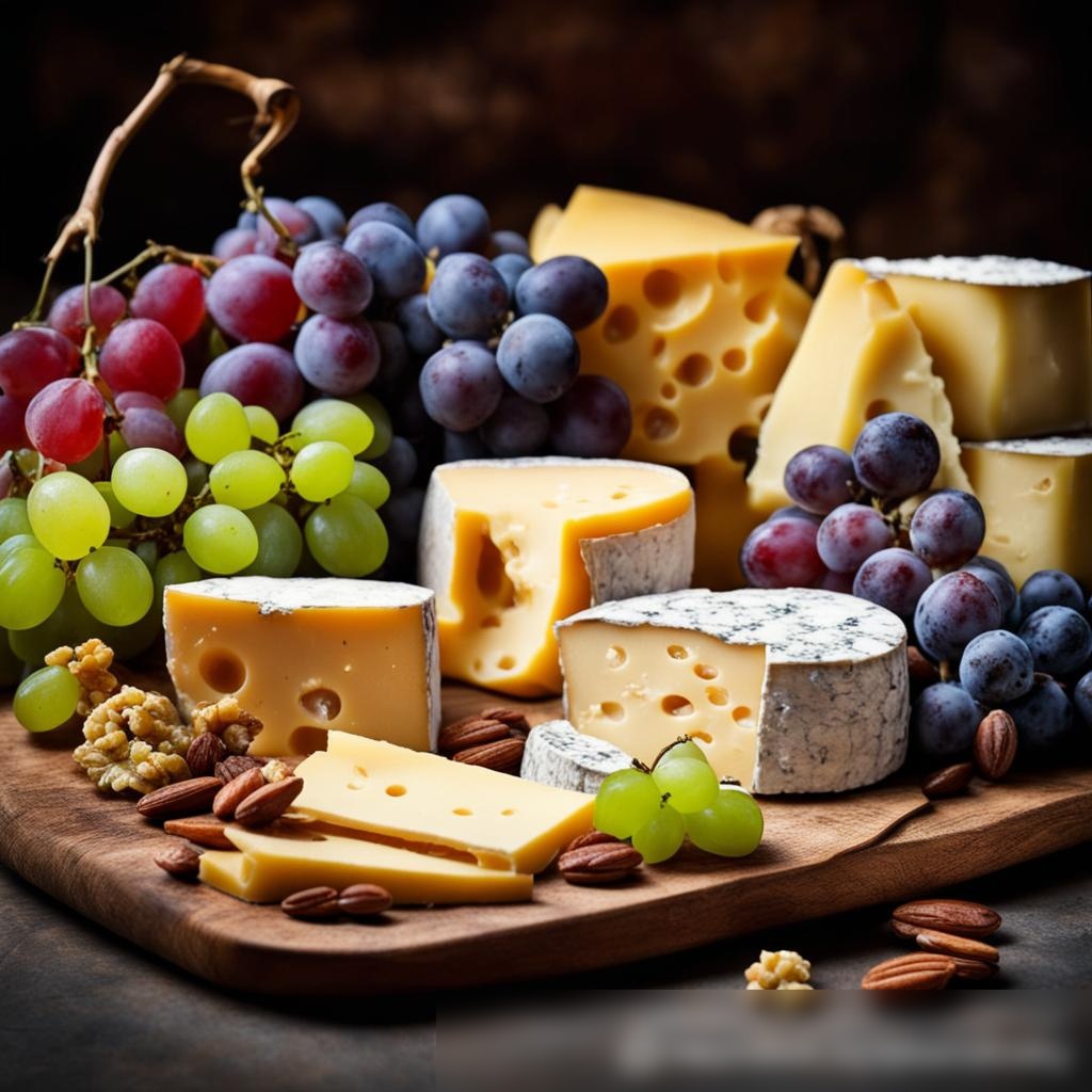 Крупноплановое изображение тарелки с сыром, включающее выбор российских сыров, таких как сулугуни, творог и копченый гауда, сопровождаемые виноградом, орехами и медом - Пример 3