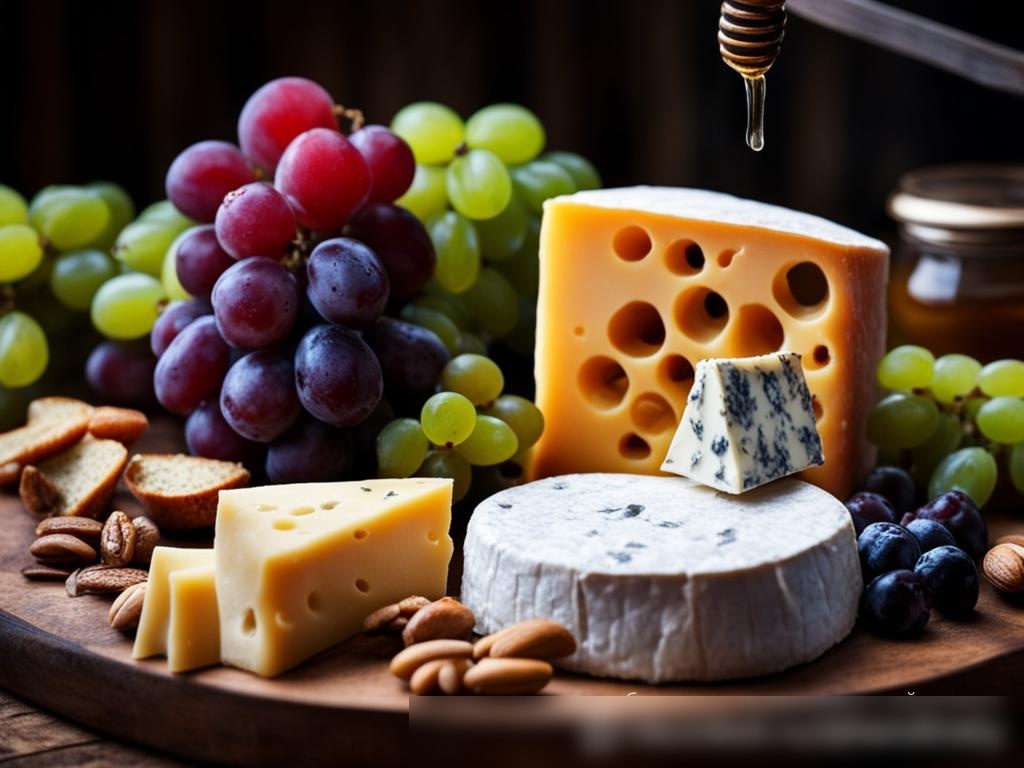 Крупноплановое изображение тарелки с сыром, включающее выбор российских сыров, таких как сулугуни, творог и копченый гауда, сопровождаемые виноградом, орехами и медом - Пример 4