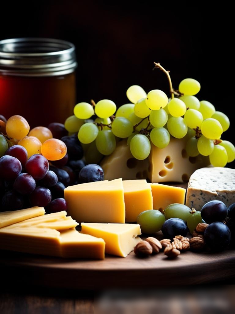 Крупноплановое изображение тарелки с сыром, включающее выбор российских сыров, таких как сулугуни, творог и копченый гауда, сопровождаемые виноградом, орехами и медом - Пример 5