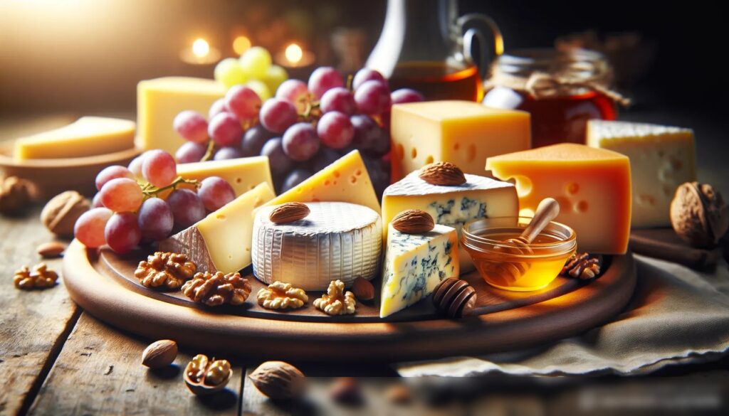 Крупноплановое изображение тарелки с сыром, включающее выбор российских сыров, таких как сулугуни, творог и копченый гауда, сопровождаемые виноградом, орехами и медом - Пример 1