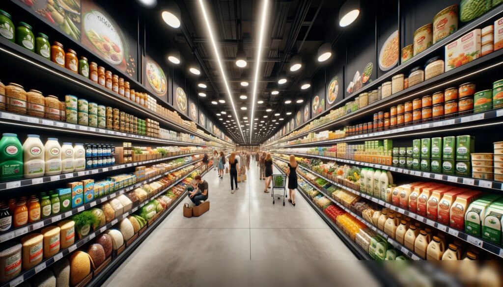 Панорамный вид на интерьер современного российского супермаркета, сфокусированный на отделе органических продуктов - Пример 2