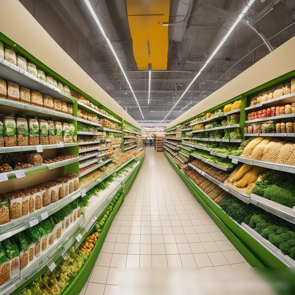 Панорамный вид на интерьер современного российского супермаркета, сфокусированный на отделе органических продуктов - Пример 3