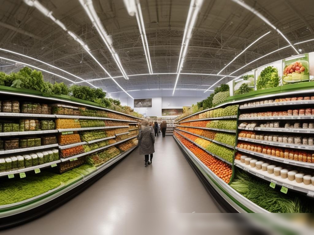 Панорамный вид на интерьер современного российского супермаркета, сфокусированный на отделе органических продуктов - Пример 4