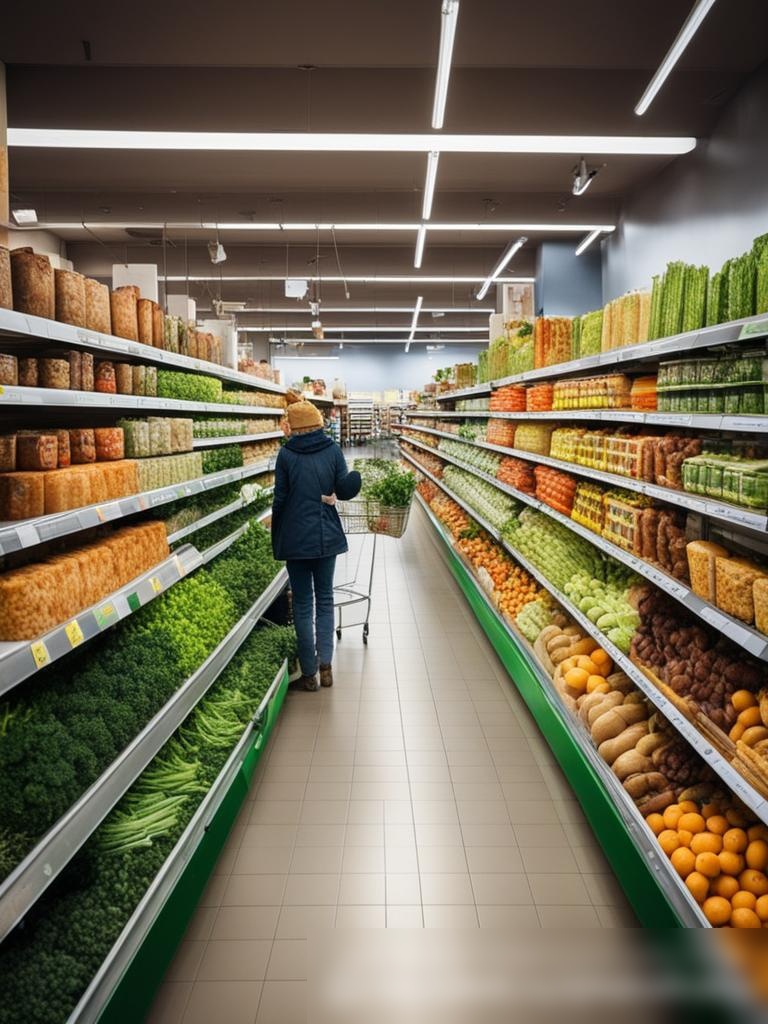 Панорамный вид на интерьер современного российского супермаркета, сфокусированный на отделе органических продуктов - Пример 5