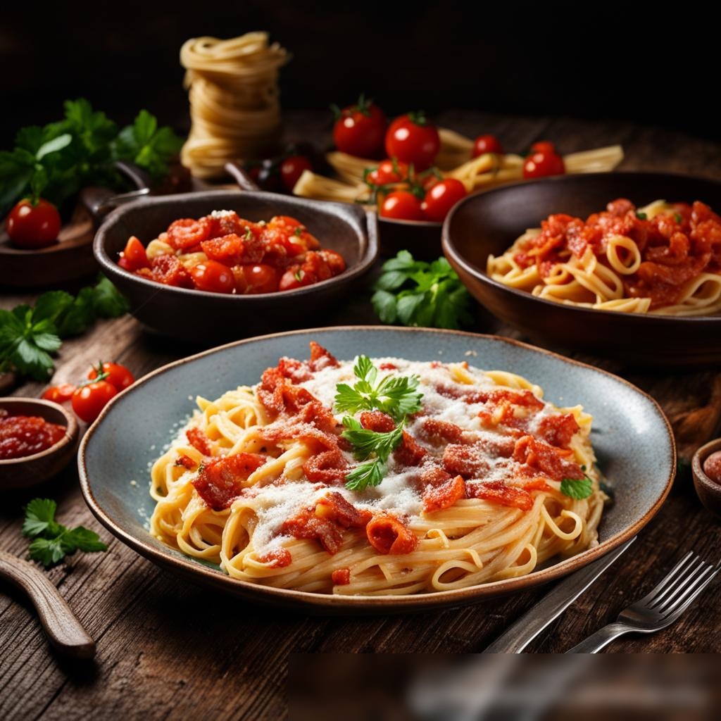 Широкое изображение разнообразных гурманских блюд из пасты на деревянном столе - Пример 3