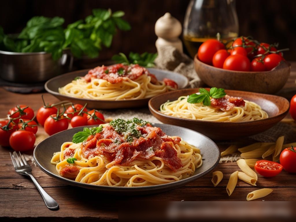 Широкое изображение разнообразных гурманских блюд из пасты на деревянном столе - Пример 4