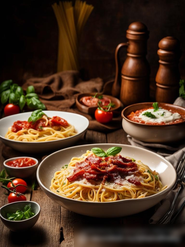 Широкое изображение разнообразных гурманских блюд из пасты на деревянном столе - Пример 5