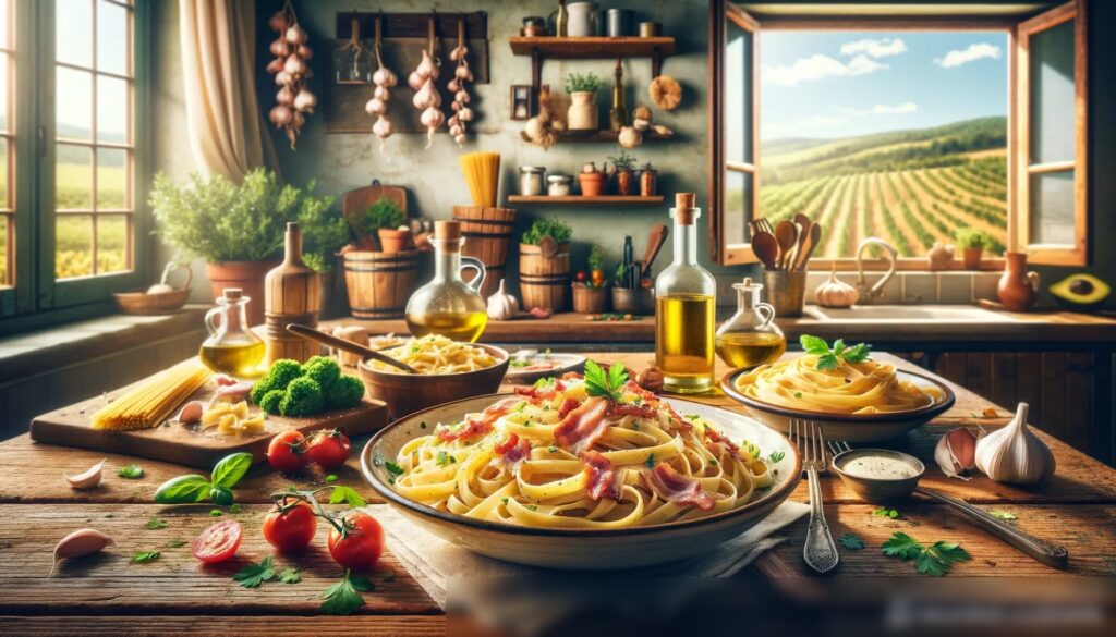 Широкое изображение разнообразных гурманских блюд из пасты на деревянном столе - Пример 1