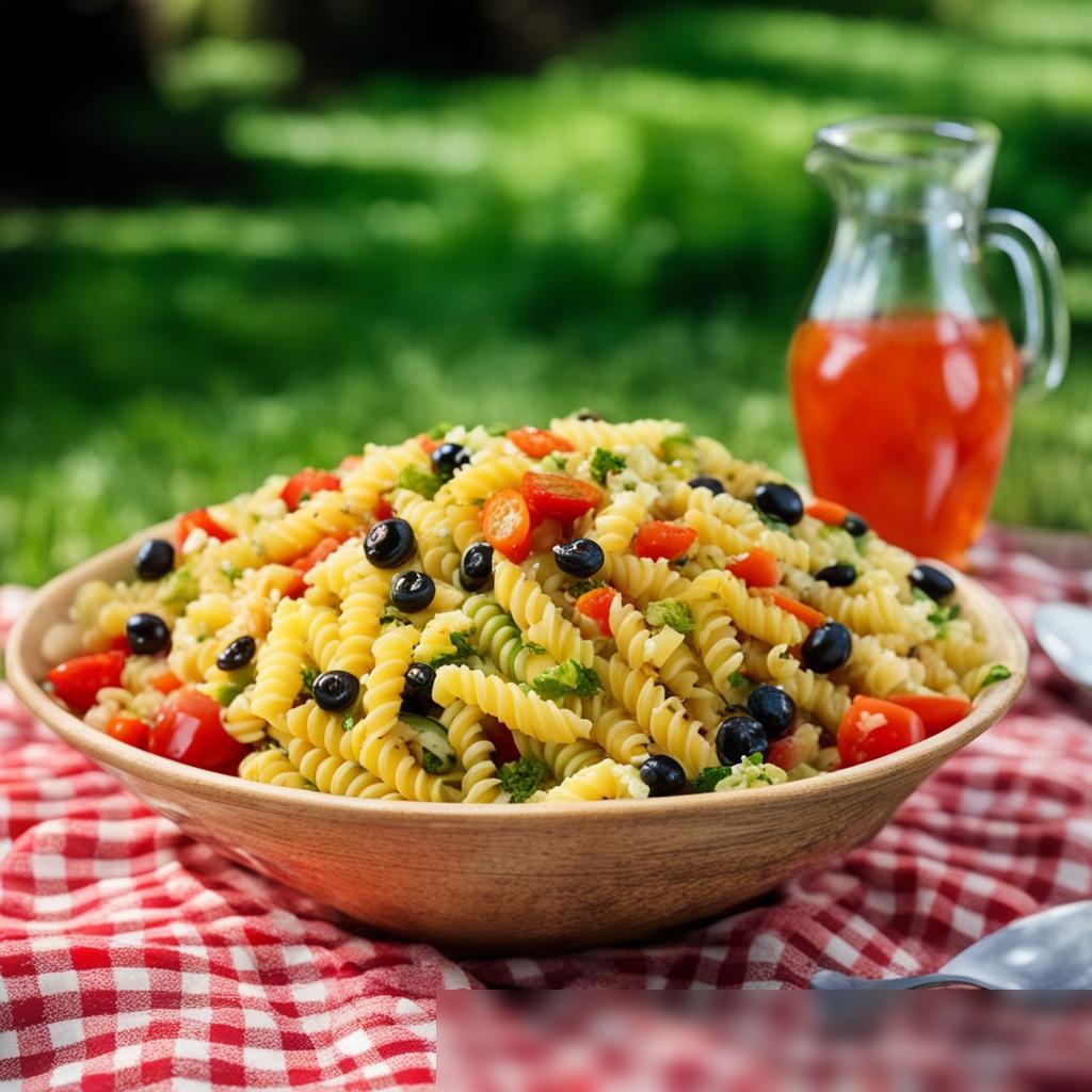 Яркая картинка пикника в летнем саду с салатом из пасты - Пример 3