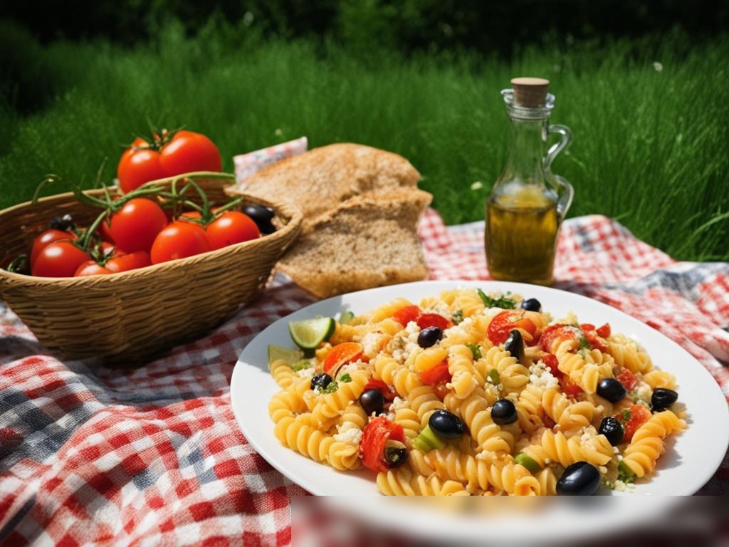 Яркая картинка пикника в летнем саду с салатом из пасты - Пример 4