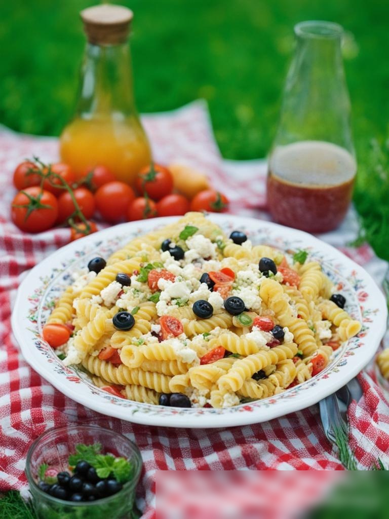 Яркая картинка пикника в летнем саду с салатом из пасты - Пример 5