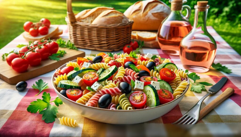 Яркая картинка пикника в летнем саду с салатом из пасты - Пример 1