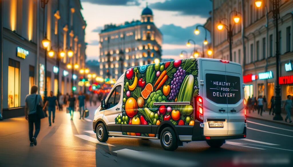 Изображение оживлённой уличной сцены в Москве на закате с акцентом на паркованный на обочине ярко украшенный фургон доставки - Пример 2