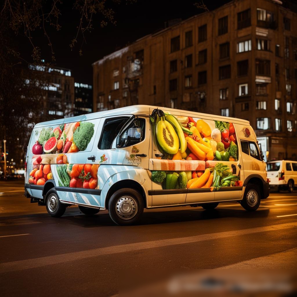 Изображение оживлённой уличной сцены в Москве на закате с акцентом на паркованный на обочине ярко украшенный фургон доставки - Пример 3
