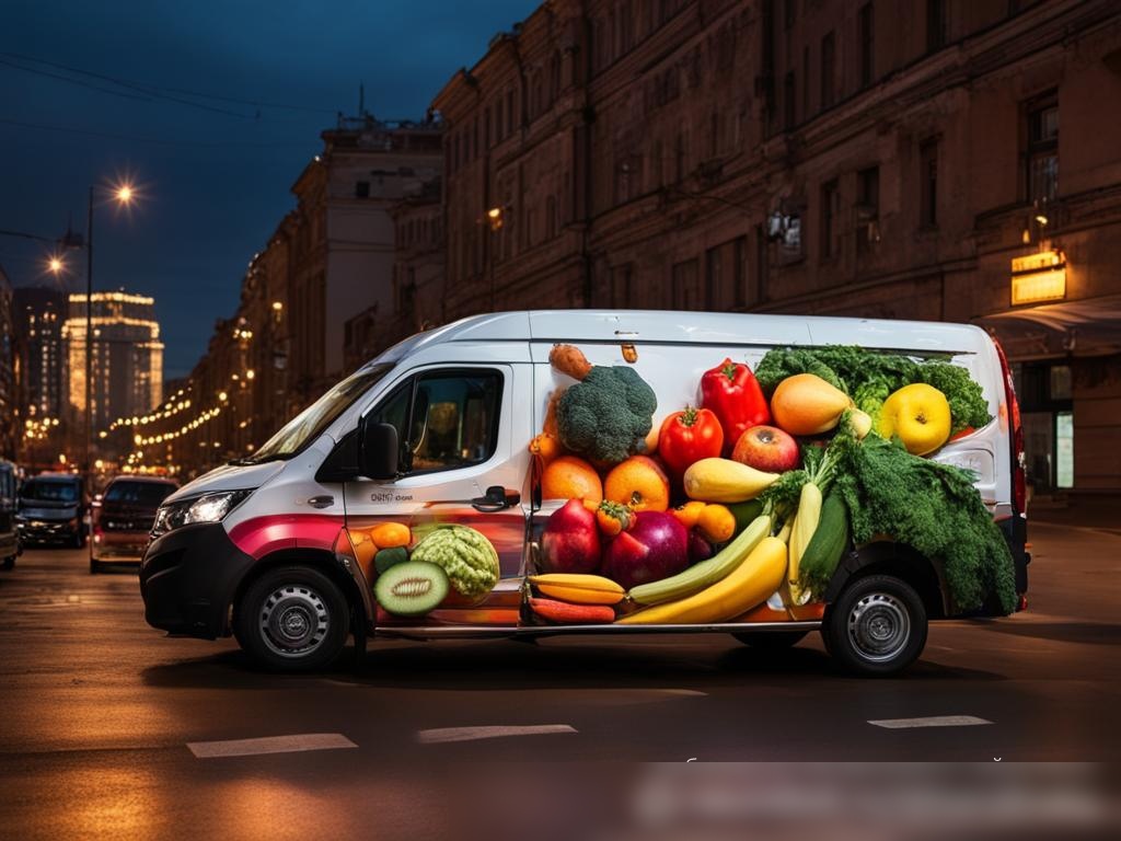 Изображение оживлённой уличной сцены в Москве на закате с акцентом на паркованный на обочине ярко украшенный фургон доставки - Пример 4