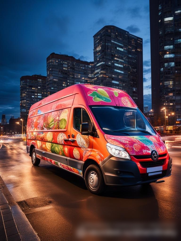 Изображение оживлённой уличной сцены в Москве на закате с акцентом на паркованный на обочине ярко украшенный фургон доставки - Пример 5