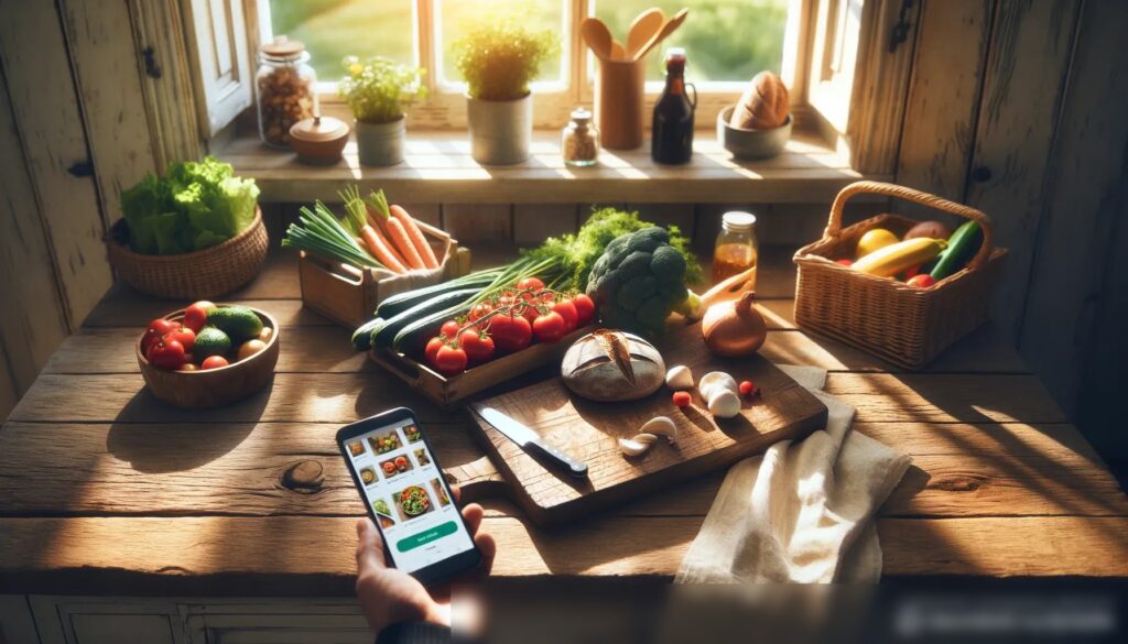 Изображение кухни в рустикальном стиле с видом сверху, на которой аккуратно разложены органические овощи и артизанский хлеб, а на переднем плане смартфон с открытым приложением для доставки еды - Пример 2