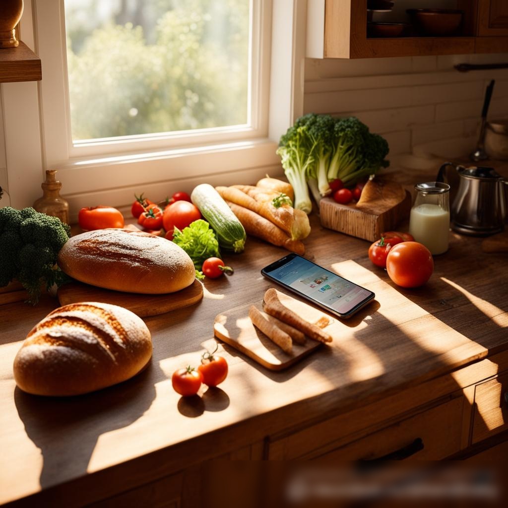 Изображение кухни в рустикальном стиле с видом сверху, на которой аккуратно разложены органические овощи и артизанский хлеб, а на переднем плане смартфон с открытым приложением для доставки еды - Пример 3