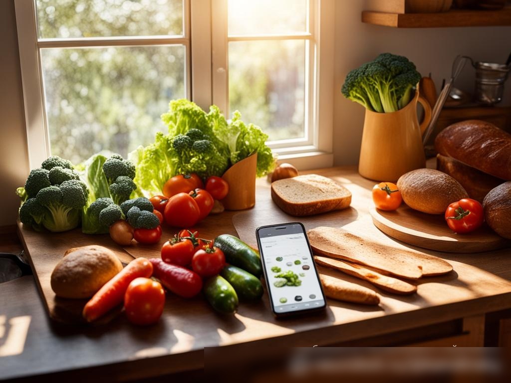 Изображение кухни в рустикальном стиле с видом сверху, на которой аккуратно разложены органические овощи и артизанский хлеб, а на переднем плане смартфон с открытым приложением для доставки еды - Пример 4