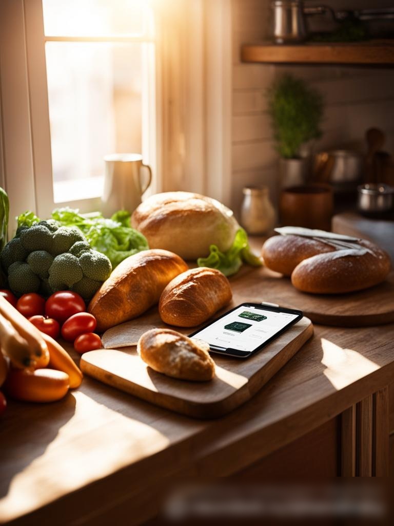 Изображение кухни в рустикальном стиле с видом сверху, на которой аккуратно разложены органические овощи и артизанский хлеб, а на переднем плане смартфон с открытым приложением для доставки еды - Пример 5