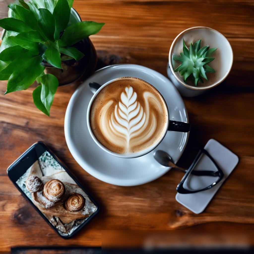 Вид сверху на стол в кофейне с кружкой латте, тарелкой с выпечкой, смартфоном и очками - Пример 3