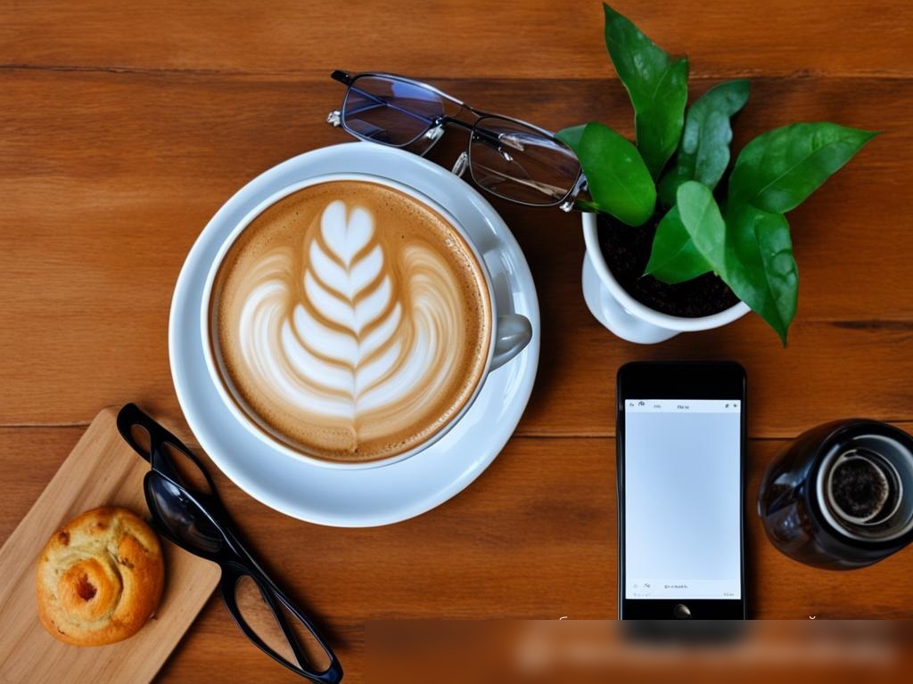 Вид сверху на стол в кофейне с кружкой латте, тарелкой с выпечкой, смартфоном и очками - Пример 4