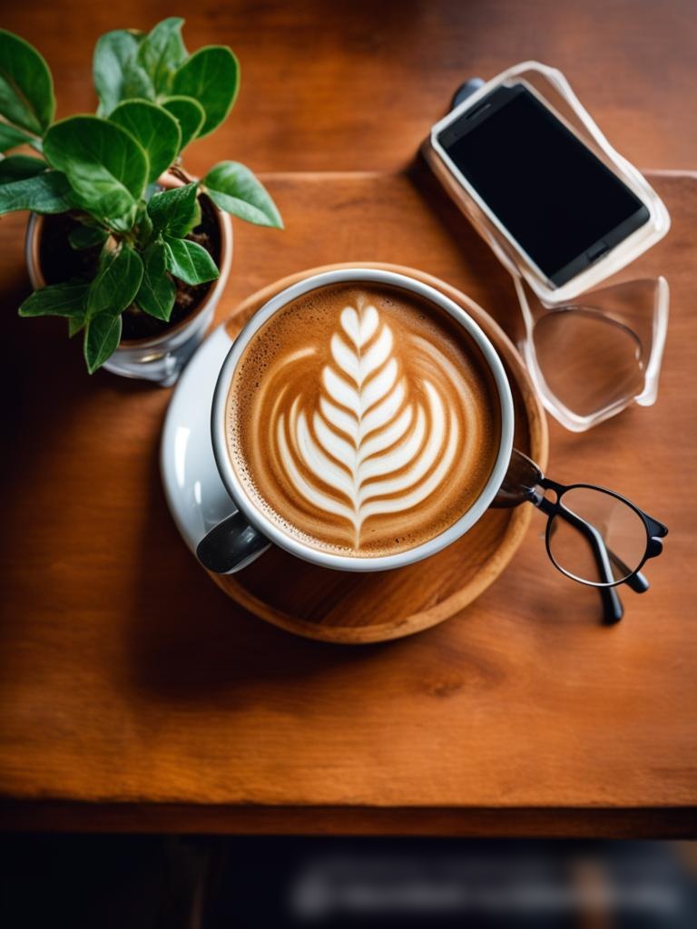 Вид сверху на стол в кофейне с кружкой латте, тарелкой с выпечкой, смартфоном и очками - Пример 5