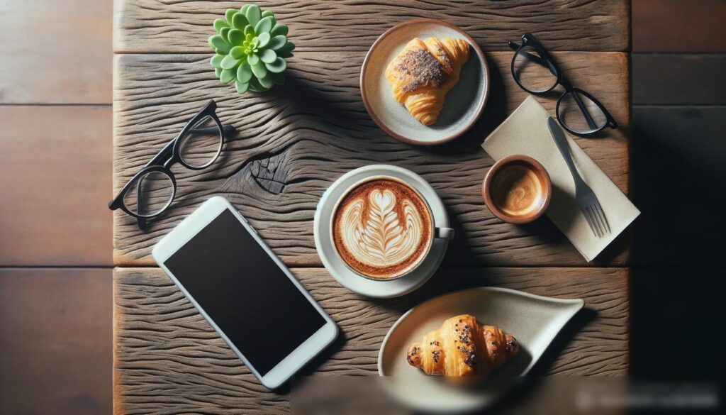 Вид сверху на стол в кофейне с кружкой латте, тарелкой с выпечкой, смартфоном и очками - Пример 1