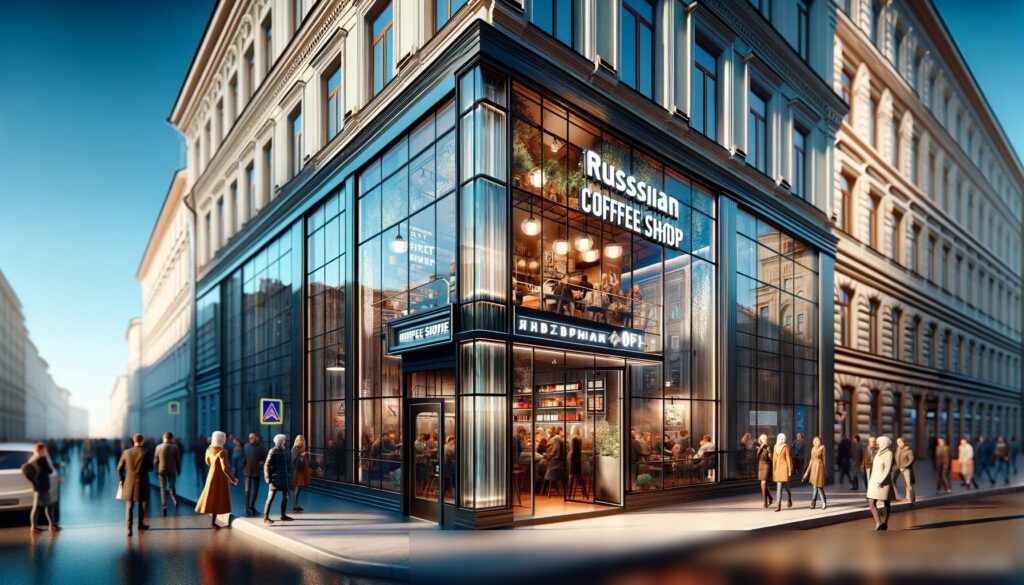 Живописный фасад современного русского кофейного магазина на оживлённой городской улице - Пример 2