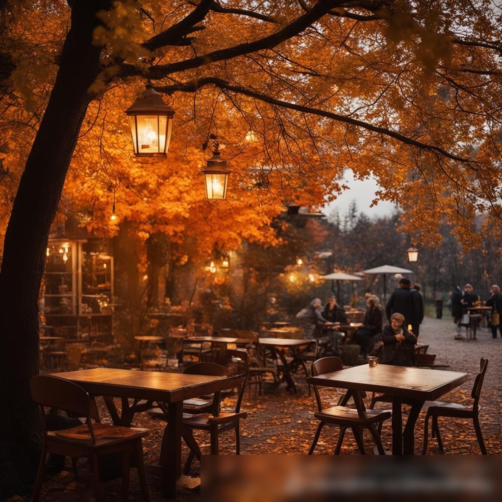 Тихая уличная терраса русского кофейного магазина в уютном саду осенью - Пример 3