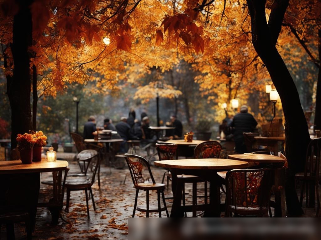 Тихая уличная терраса русского кофейного магазина в уютном саду осенью - Пример 4