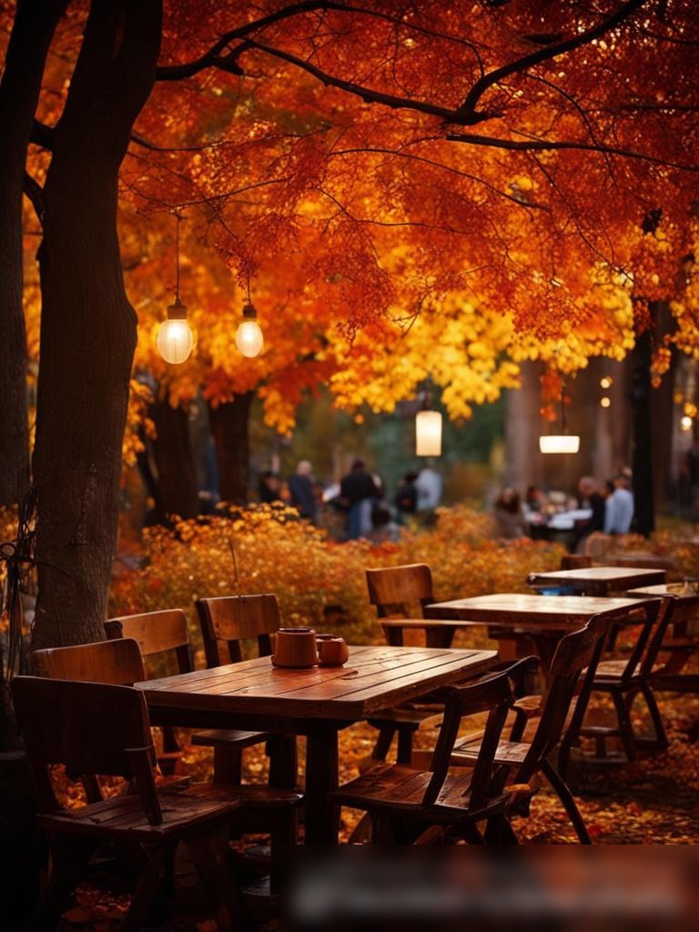 Тихая уличная терраса русского кофейного магазина в уютном саду осенью - Пример 5