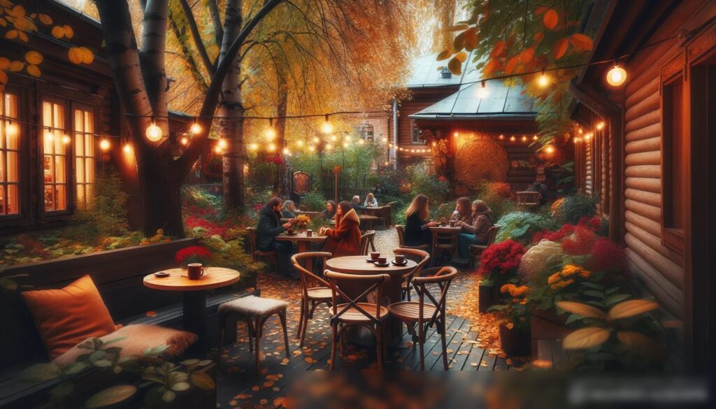 Тихая уличная терраса русского кофейного магазина в уютном саду осенью - Пример 1