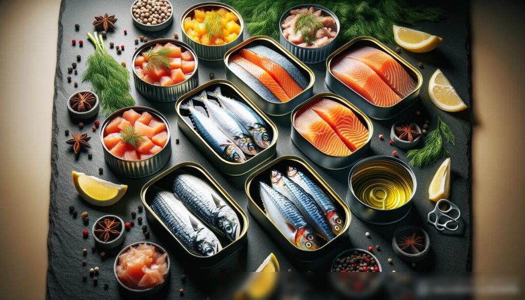 Изображение с различными видами консервированной рыбы, такими как лосось, тунец и сардины, в аккуратно расставленных открытых банках на темном фоне - Пример 2