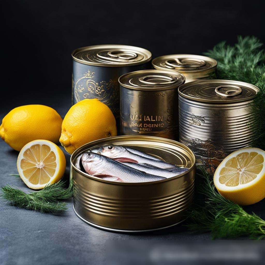 Изображение с различными видами консервированной рыбы, такими как лосось, тунец и сардины, в аккуратно расставленных открытых банках на темном фоне - Пример 3