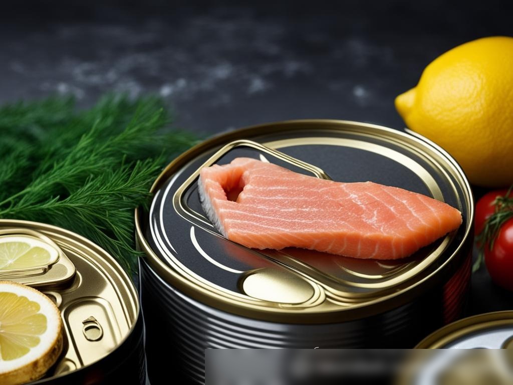 Изображение с различными видами консервированной рыбы, такими как лосось, тунец и сардины, в аккуратно расставленных открытых банках на темном фоне - Пример 4