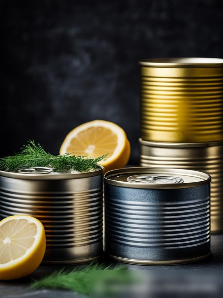 Изображение с различными видами консервированной рыбы, такими как лосось, тунец и сардины, в аккуратно расставленных открытых банках на темном фоне - Пример 5
