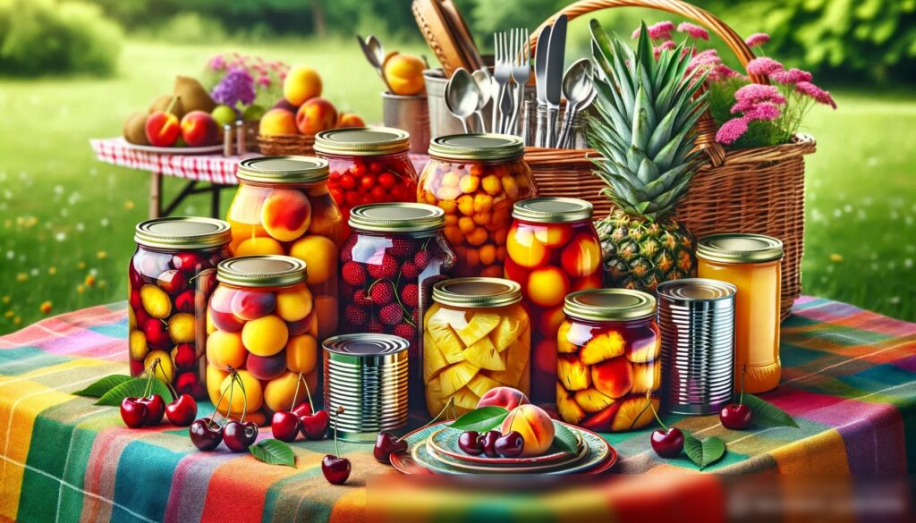 Яркое и цветное изображение консервированных фруктов, таких как персики, вишни и ананасы, в стеклянных банках и металлических консервах на яркой ткани с элементами пикника - Пример 2