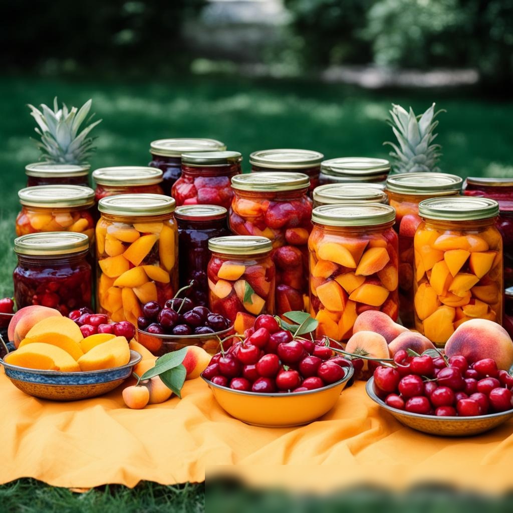 Яркое и цветное изображение консервированных фруктов, таких как персики, вишни и ананасы, в стеклянных банках и металлических консервах на яркой ткани с элементами пикника - Пример 3