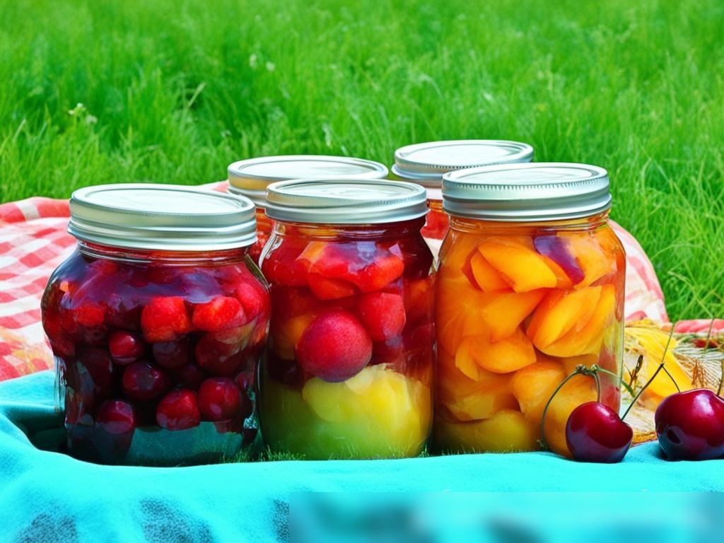 Яркое и цветное изображение консервированных фруктов, таких как персики, вишни и ананасы, в стеклянных банках и металлических консервах на яркой ткани с элементами пикника - Пример 4