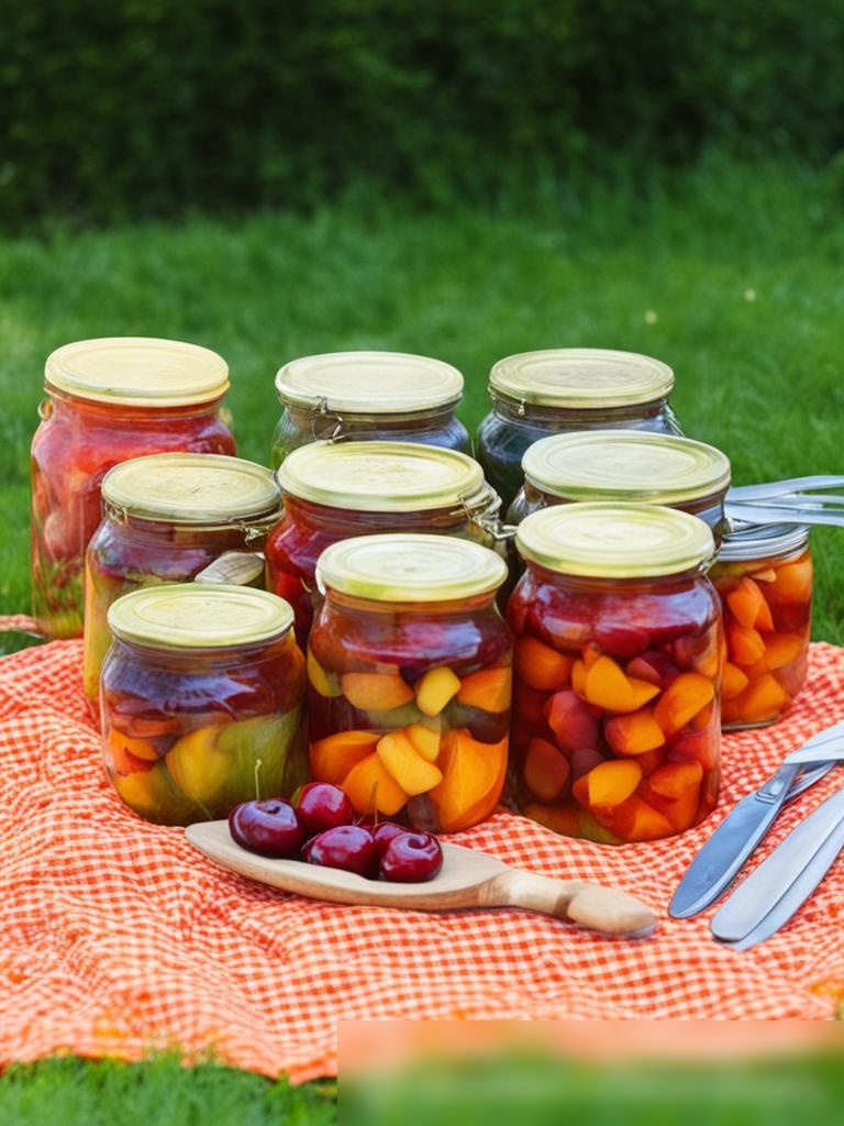 Яркое и цветное изображение консервированных фруктов, таких как персики, вишни и ананасы, в стеклянных банках и металлических консервах на яркой ткани с элементами пикника - Пример 5