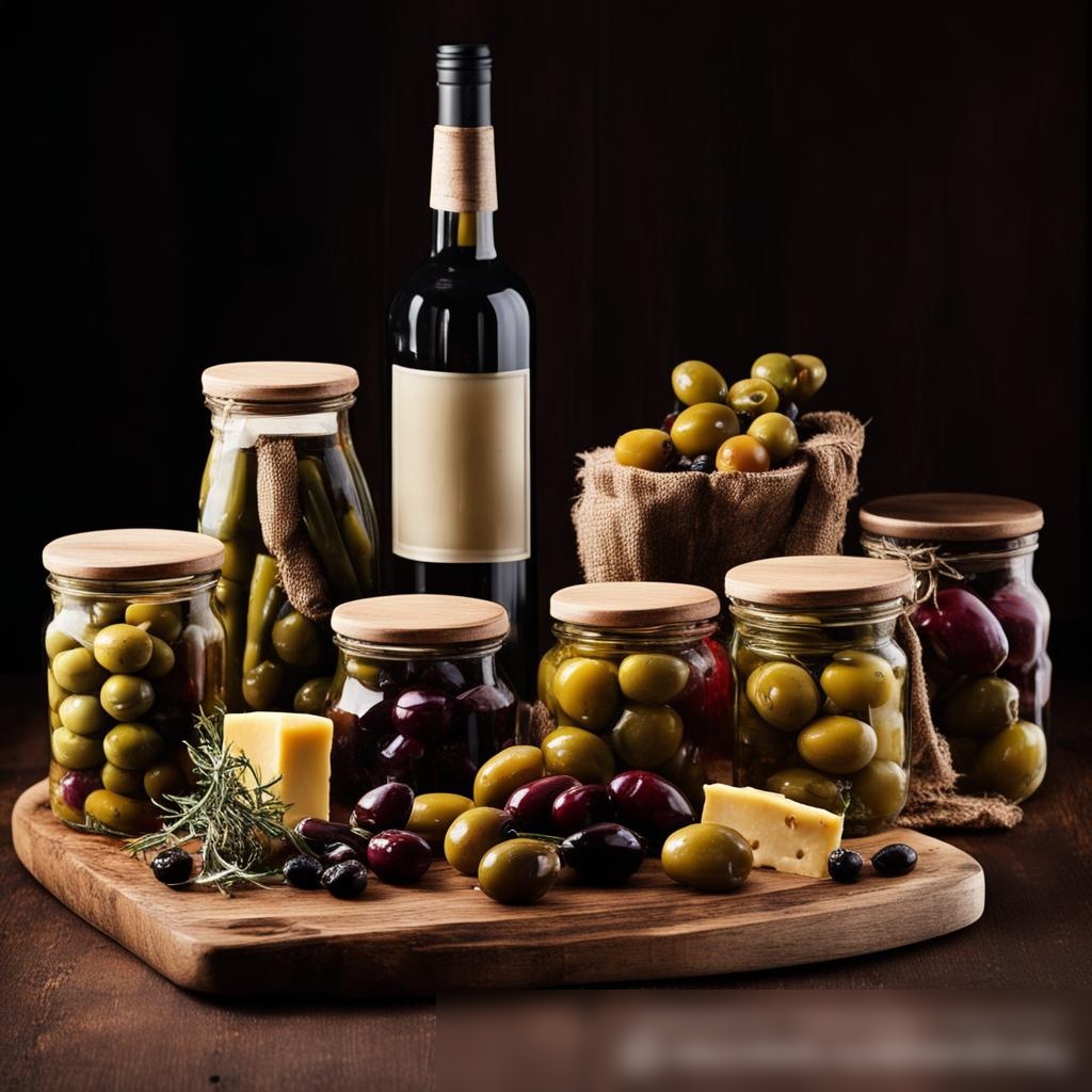 Изображение с разнообразными гурманскими консервами, такими как оливки, артишоки и маринованные овощи в стеклянных банках на темной деревянной поверхности - Пример 3