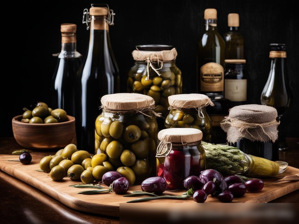 Изображение с разнообразными гурманскими консервами, такими как оливки, артишоки и маринованные овощи в стеклянных банках на темной деревянной поверхности - Пример 4