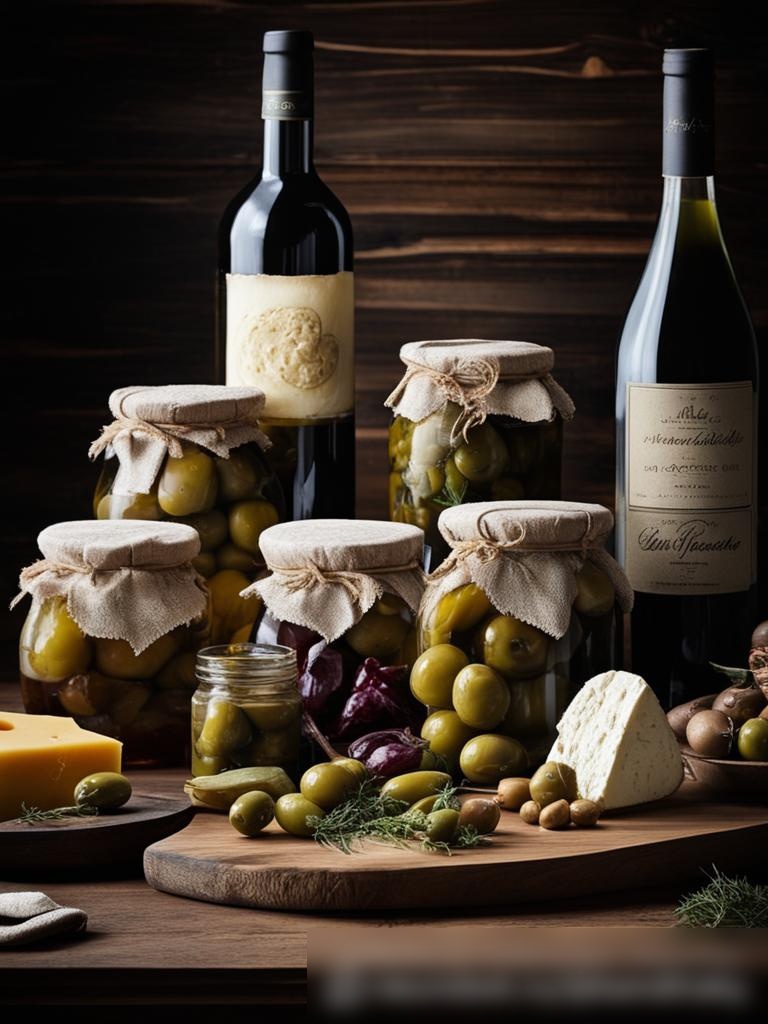 Изображение с разнообразными гурманскими консервами, такими как оливки, артишоки и маринованные овощи в стеклянных банках на темной деревянной поверхности - Пример 5