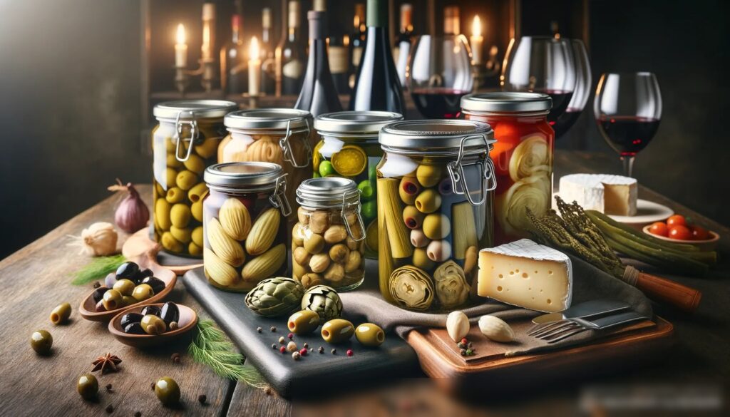 Изображение с разнообразными гурманскими консервами, такими как оливки, артишоки и маринованные овощи в стеклянных банках на темной деревянной поверхности - Пример 1