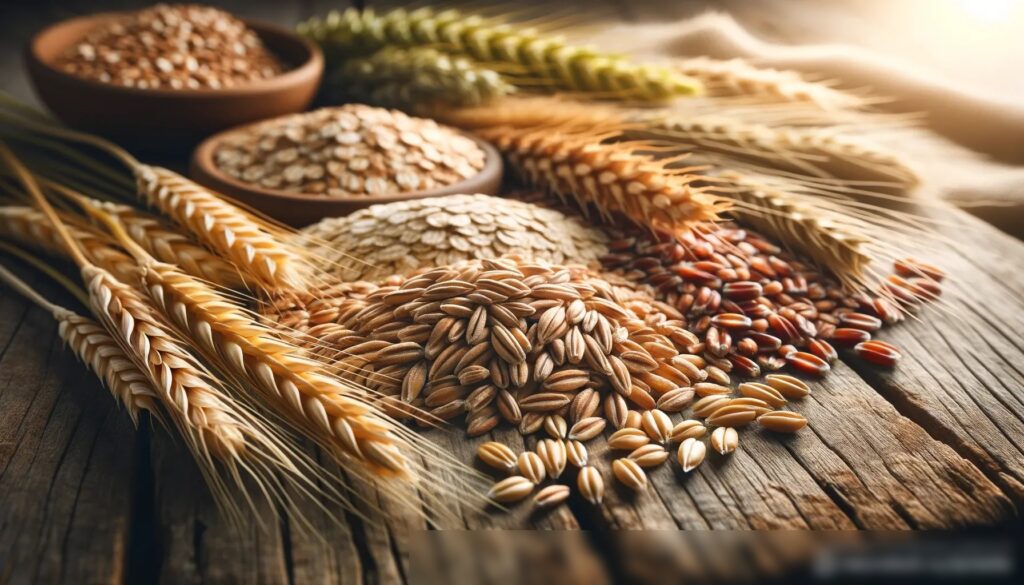 Крупным планом разнообразные зерна, такие как пшеница, ячмень, овес и рожь, на деревянном столе - Пример 2