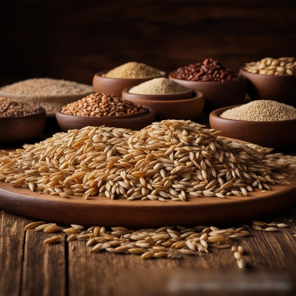 Крупным планом разнообразные зерна, такие как пшеница, ячмень, овес и рожь, на деревянном столе - Пример 3