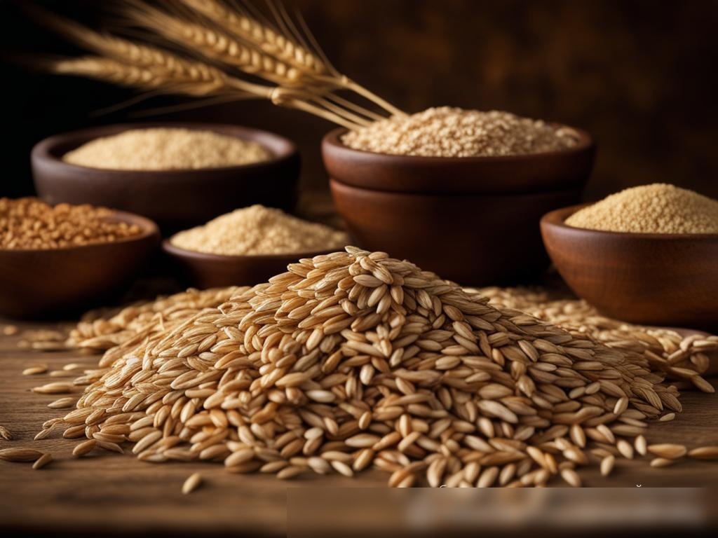 Крупным планом разнообразные зерна, такие как пшеница, ячмень, овес и рожь, на деревянном столе - Пример 4